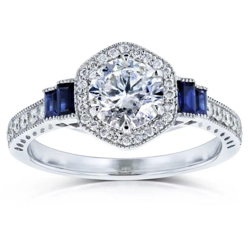 Annello by Kobelli 14k White Gold 1 1/2ct TGW Diamond and Sapphire 6-prong Halo Art Deco Ring sold by Zulily