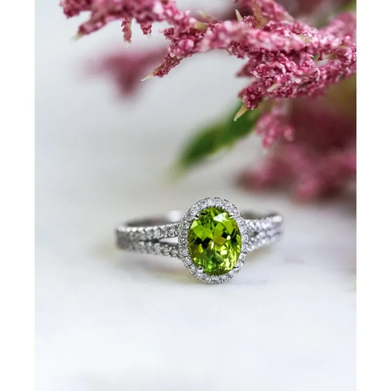Annello by Kobelli 14k Gold 3ct TGW Oval Cut Green Peridot and Diamond Halo Split Shank Gemstone Ring sold by Zulily