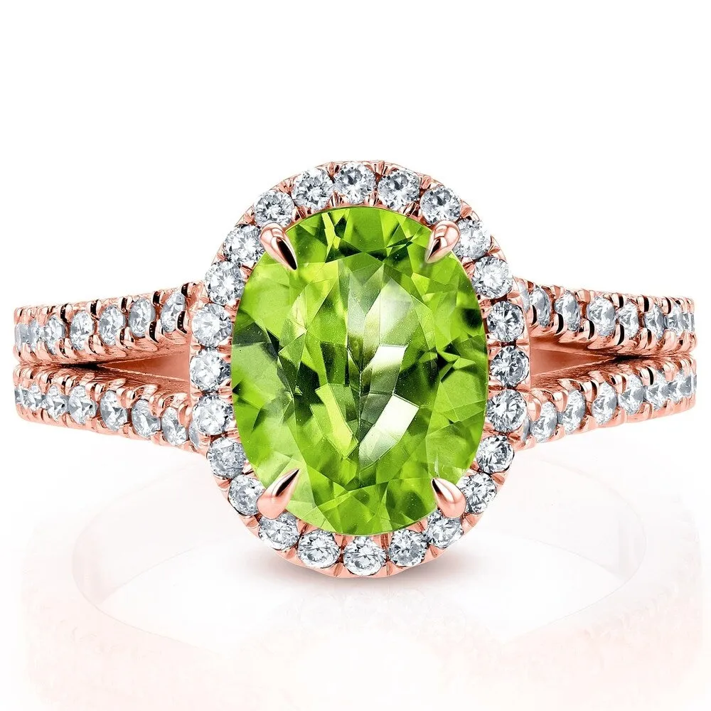 Annello by Kobelli 14k Gold 3ct TGW Oval Cut Green Peridot and Diamond Halo Split Shank Gemstone Ring sold by Zulily product image thumbnail 5