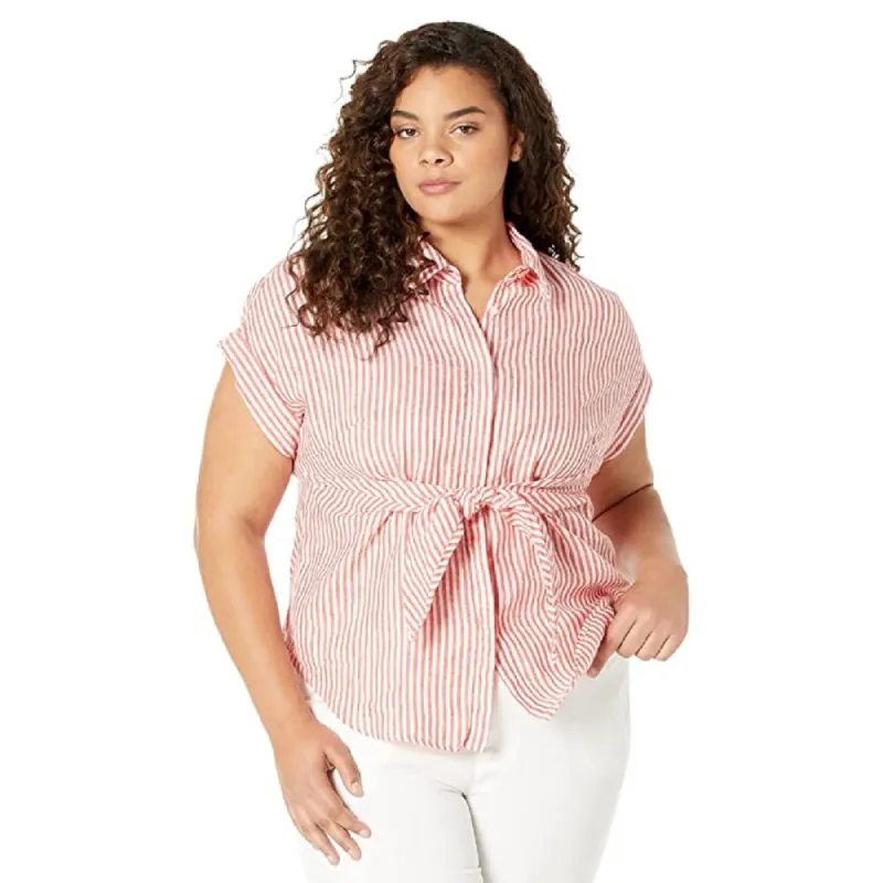 Ralph Lauren Women's Striped Tie Front Linen Shirt Red Size 1X made by Ralph Lauren