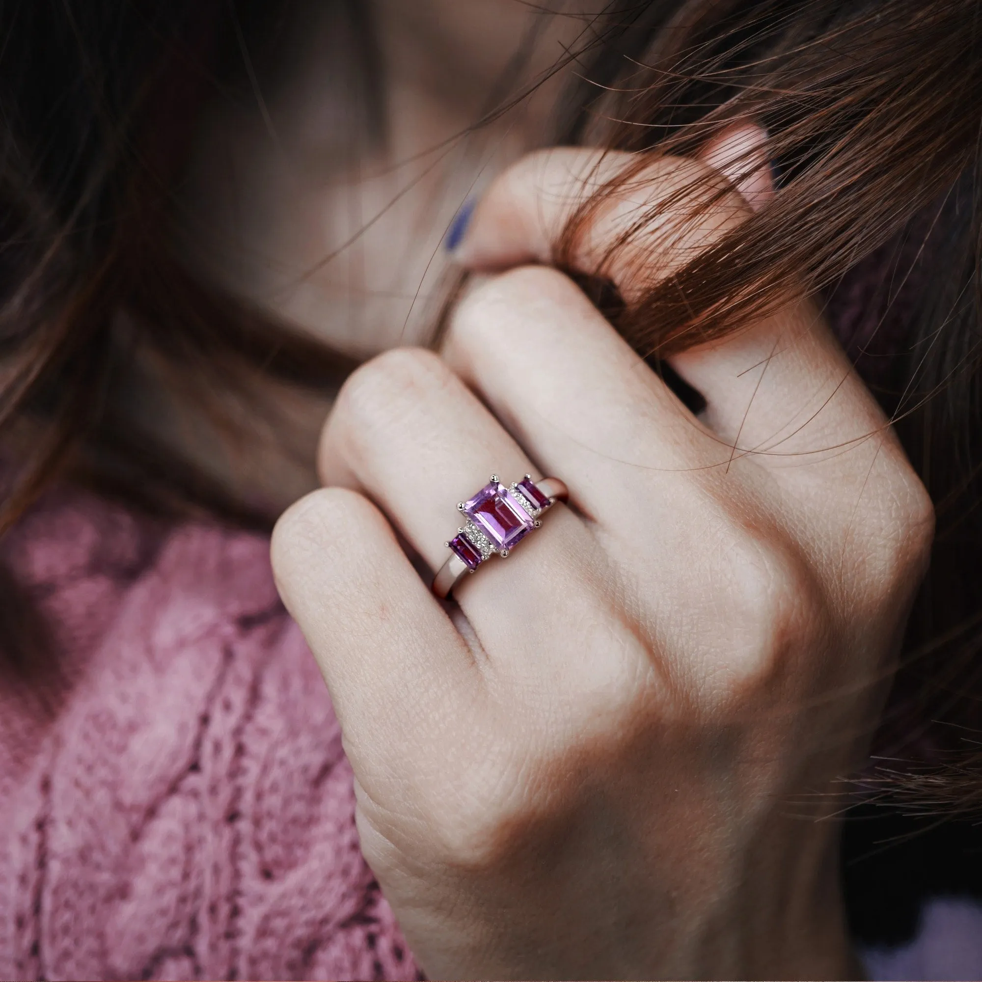 Miadora 1ct TGW Amethyst 3-Stone Ring with Diamond Accents in 10k White Gold sold by Zulily product image thumbnail 5