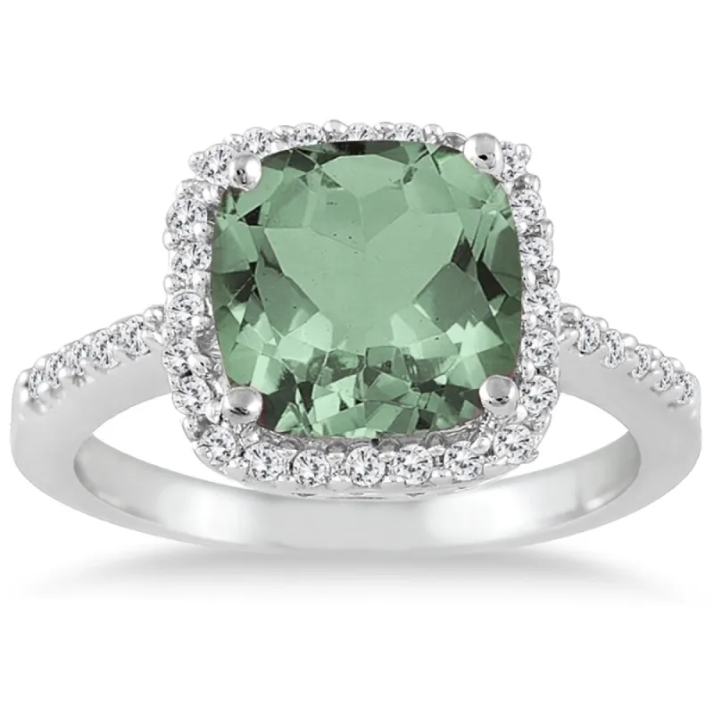 2 1/2 Carat Cushion Cut Green Amethyst and Diamond Ring 14K White Gold sold by Zulily