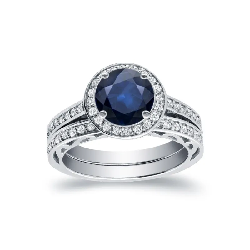 Auriya Round 1ct TDW Sapphire and 3/4ct TDW Diamond Halo Engagement Ring Set 14k White Gold sold by Zulily