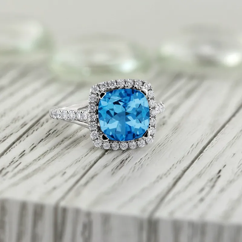 Auriya 2 3/4ct Cushion-cut Swiss Blue Topaz and Halo Diamond Engagement Ring 1/2cttw 14k Gold sold by Zulily