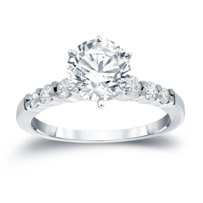 Auriya 14k Gold Classic 3 carat Round Moissanite and 1/3ct Side Stone Diamond Engagement Ring sold by Zulily