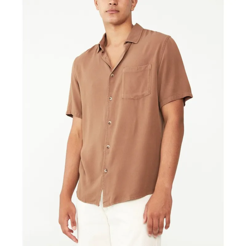 COTTON ON Men's Cuban Short Sleeves Shirt Brown Size Large sold by Zulily