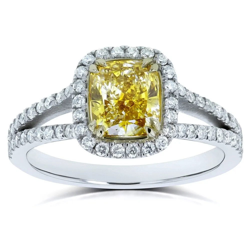 Annello by Kobelli 18k Two Tone Gold 1 3/5ct TDW GIA Certified Fancy Vivid Yellow Cushion Diamond Halo Split Shank Ring sold by Zulily