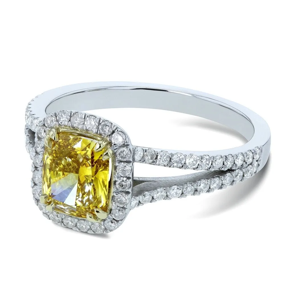 Annello by Kobelli 18k Two Tone Gold 1 3/5ct TDW GIA Certified Fancy Vivid Yellow Cushion Diamond Halo Split Shank Ring sold by Zulily product image thumbnail 5