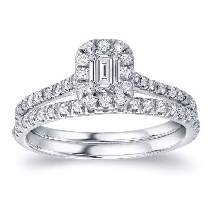 Auriya Platinum 1 carat TW Emerald-cut Halo Diamond Engagement Ring Set sold by Zulily