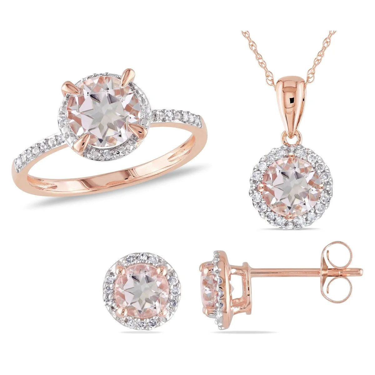 Miadora Signature Collection 10k Rose Gold Morganite and 1/5ct TDW Diamond Halo Ring, Stud Earrings, and Necklace Set sold by Zulily