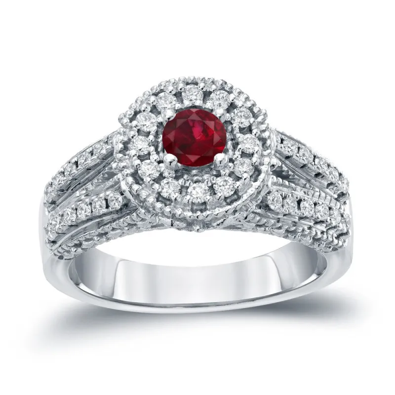 Auriya Vintage 1/5ctw Red Ruby Gemstone and 1/2ctw Split Shank Halo Diamond Engagement Ring 14k Gold sold by Zulily