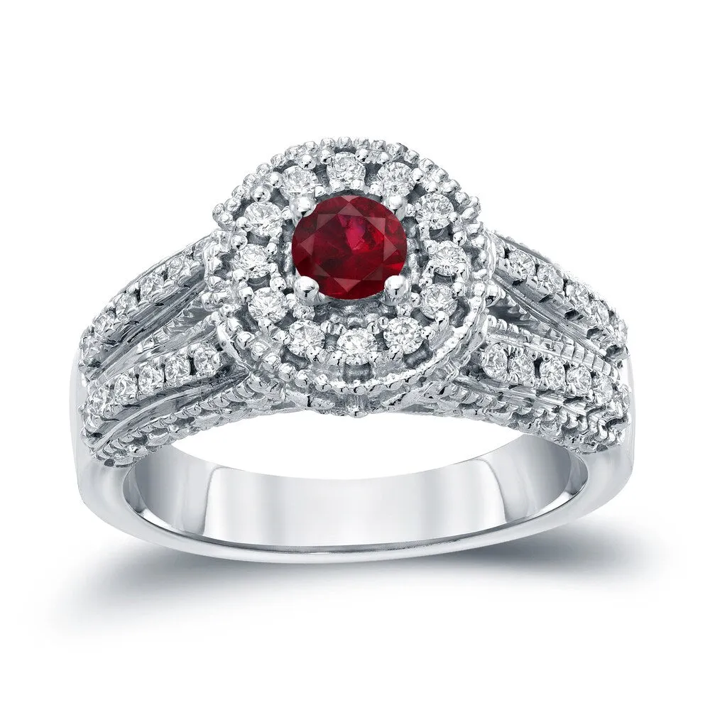 Auriya Vintage 1/5ctw Red Ruby Gemstone and 1/2ctw Split Shank Halo Diamond Engagement Ring 14k Gold sold by Zulily