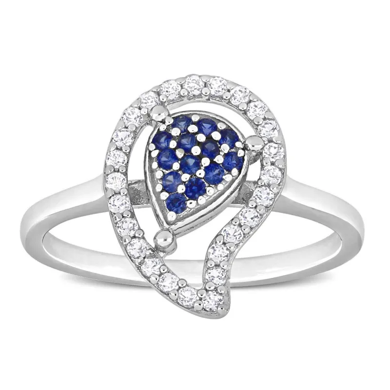 Miadora White Topaz and Created Blue Sapphire Halo Teardrop Ring in Sterling Silver sold by Zulily