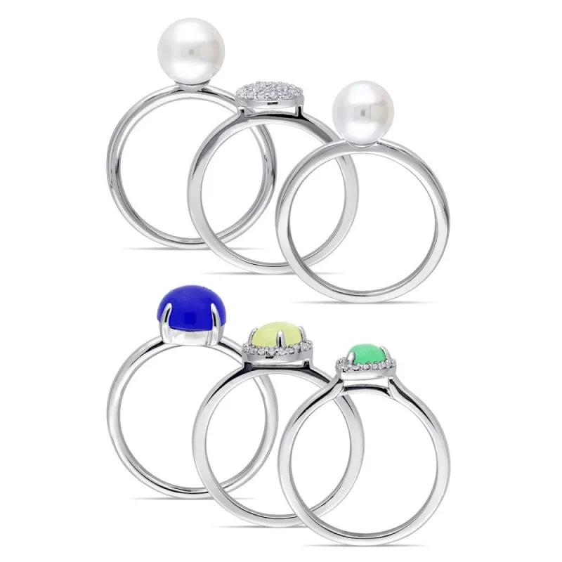 Miadora Sterling Silver Blue Yellow Dyed Green Quartz and White Topaz Pearl Six Piece Stacked Ring Set sold by Zulily