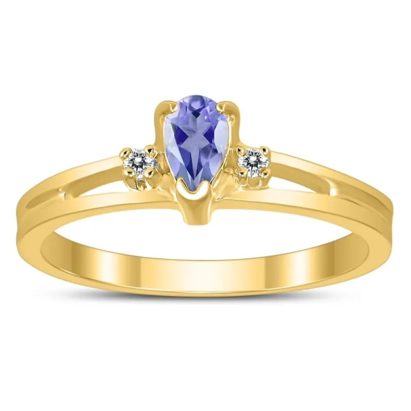 5X3MM Tanzanite and Diamond Pear Shaped Open Three Stone Ring in 10K Yellow Gold sold by Zulily