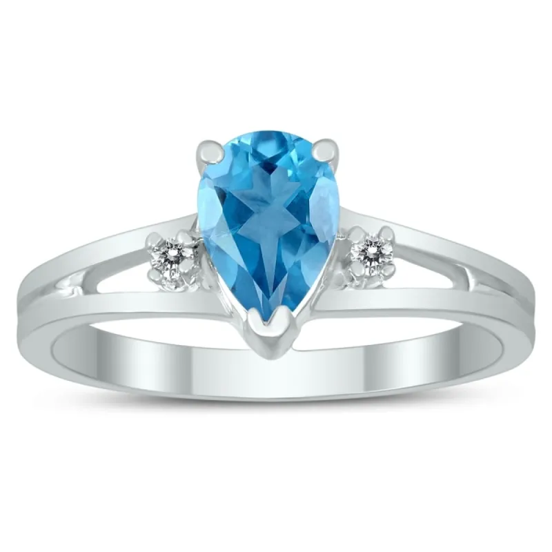 7X5MM Blue Topaz and Diamond Pear Shaped Open Three Stone Ring in 10K White Gold sold by Zulily