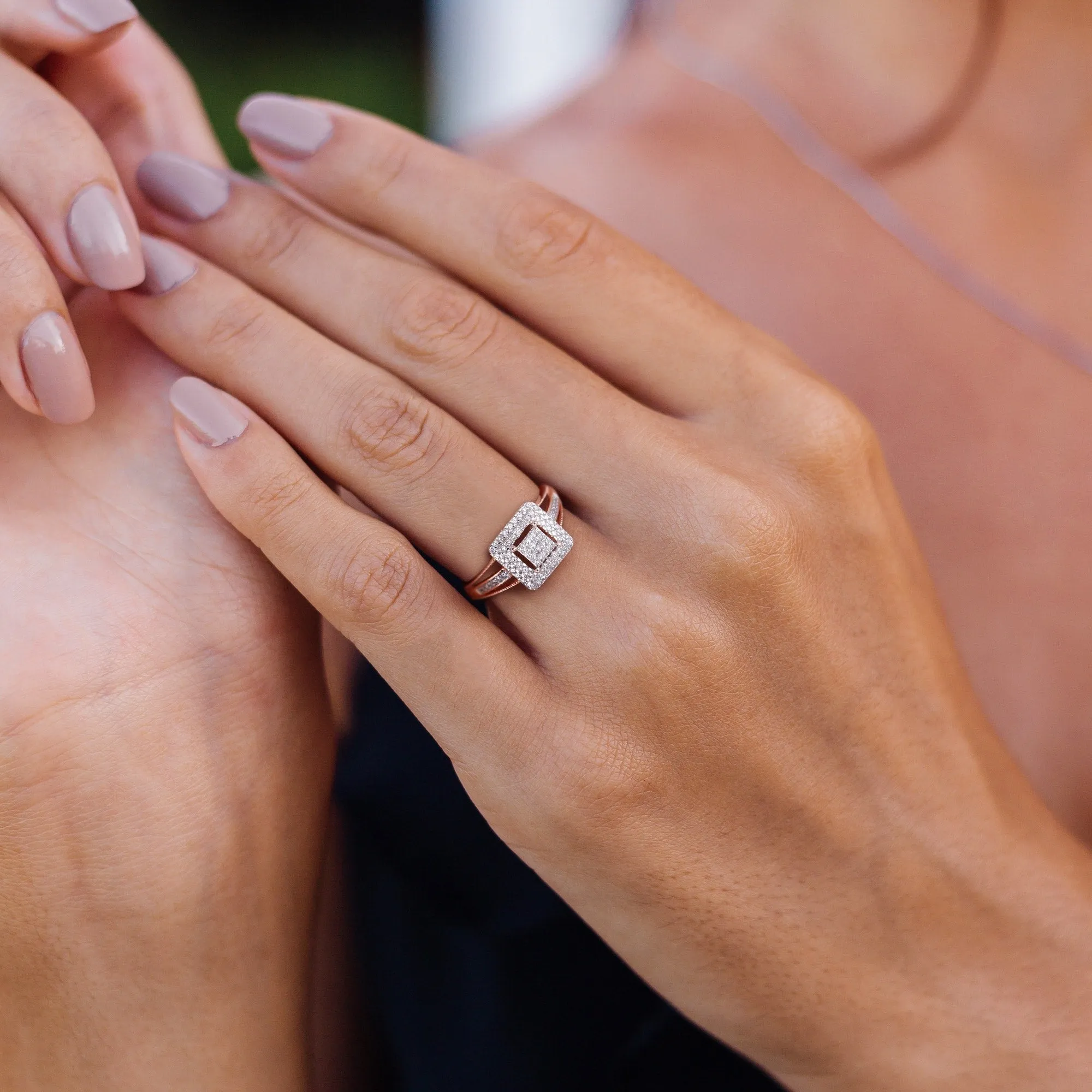 Miadora 1/4ct TDW Diamond Double Halo Square Cluster Split Shank Ring in 10k Rose Gold sold by Zulily product image thumbnail 5