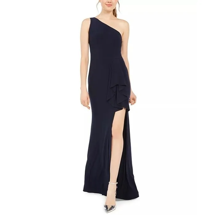 Blondie Nites Juniors' One-Shoulder Slit Gown Navy Size 5 sold by Zulily