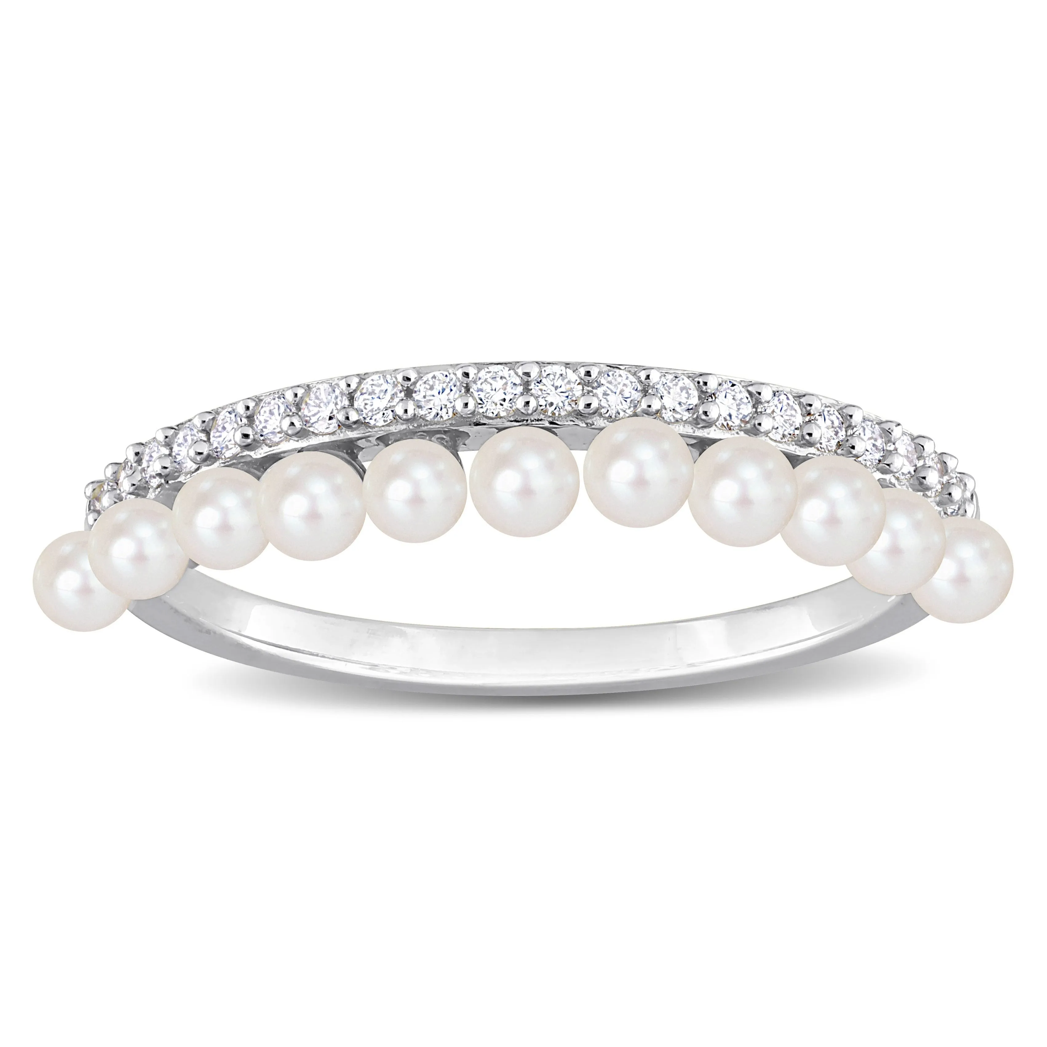 Miadora White Cultured Freshwater Pearl and 1/6ct TDW Diamond Eternity Ring in 14k White Gold sold by Zulily product image thumbnail 2