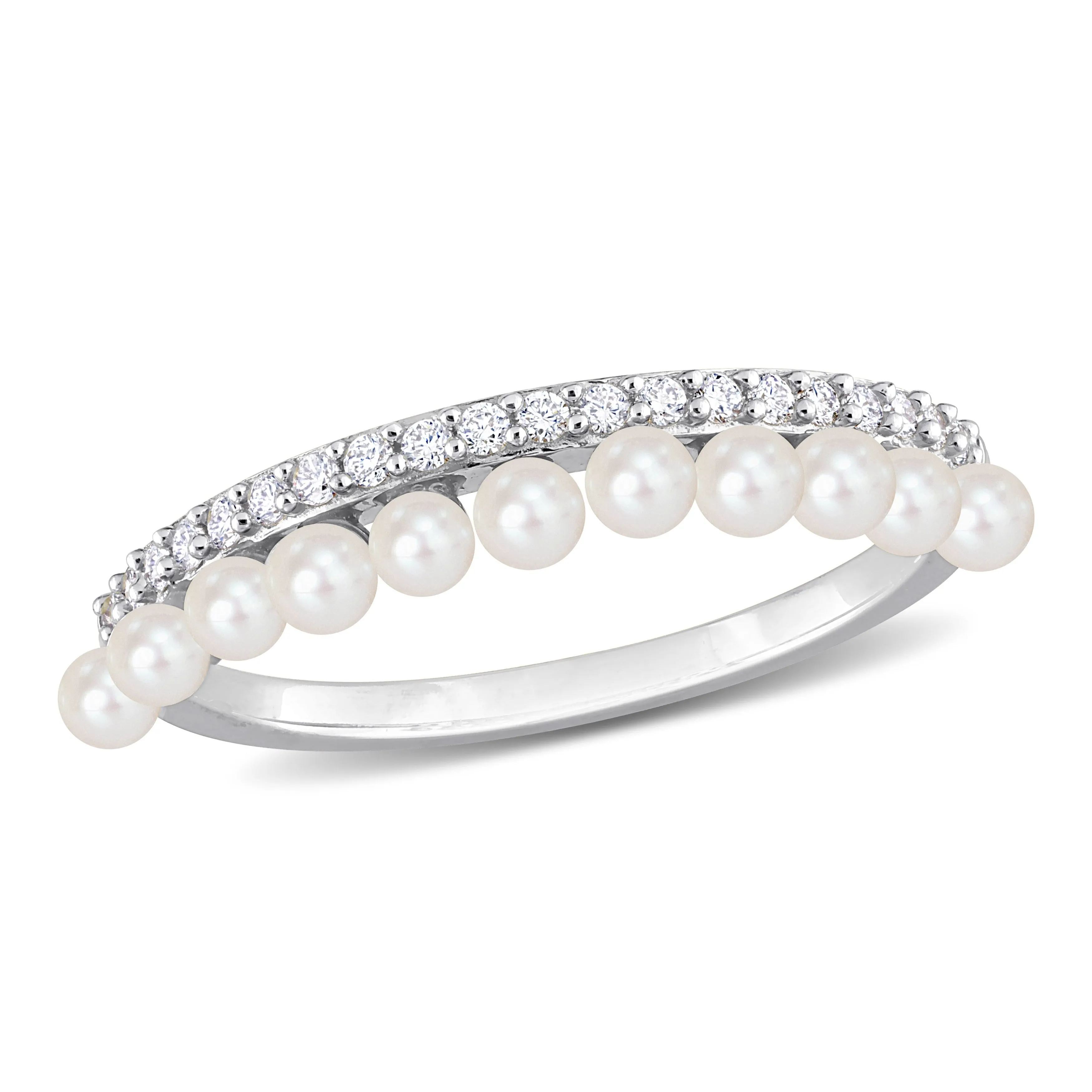Miadora White Cultured Freshwater Pearl and 1/6ct TDW Diamond Eternity Ring in 14k White Gold sold by Zulily
