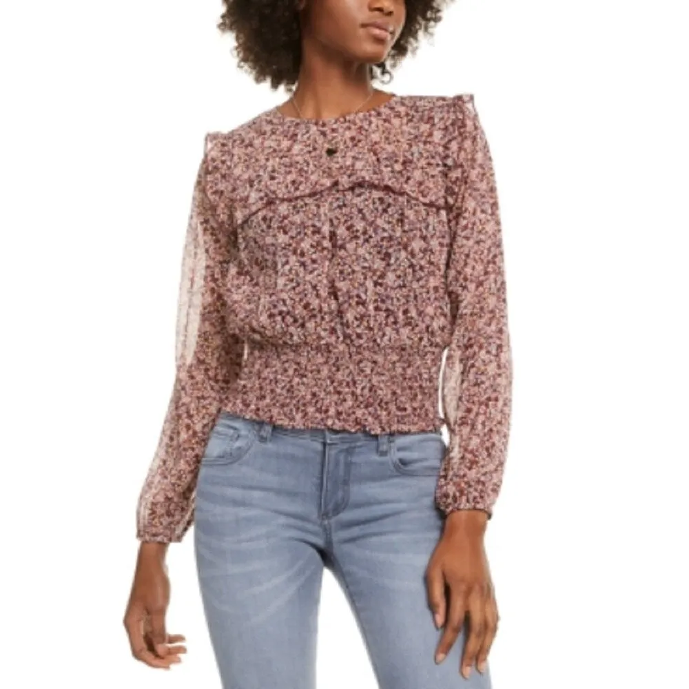 Love Fire Women's Printed Smocked Top Burgundy floral Size X-Small sold by Zulily