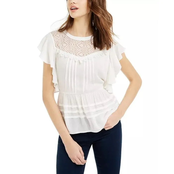 American Rag Juniors'' Lace-TrimFlutter-Sleeve Top White Size X-Small sold by Zulily