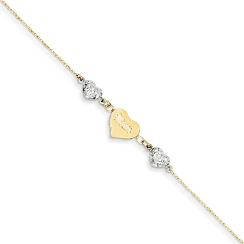 Curata 14k Two-Tone Gold Ropa Diamond-Cut Beads Puff Heart Mom Anklet (9mm x 10") sold by Zulily