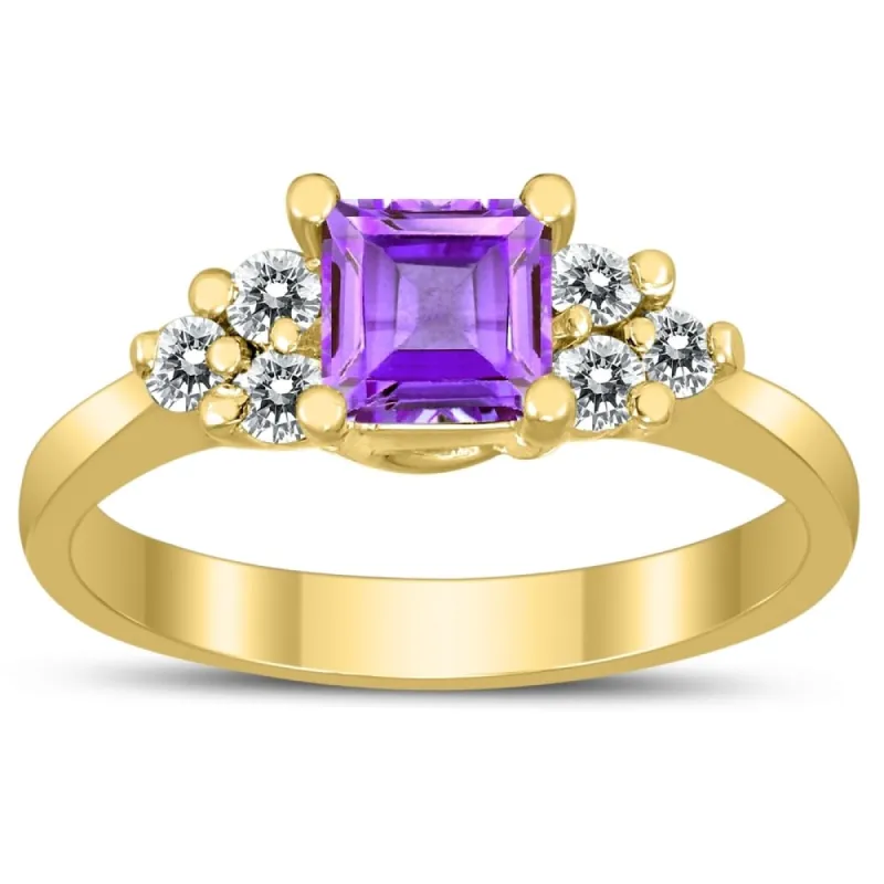 Princess Cut 5X5MM Amethyst and Diamond Duchess Ring in 10K Yellow Gold sold by Zulily