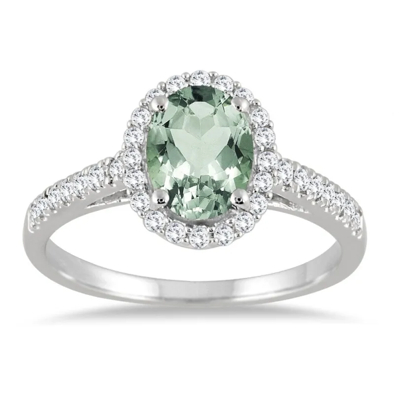Green Amethyst and Diamond Halo Ring in 10K White Gold sold by Zulily