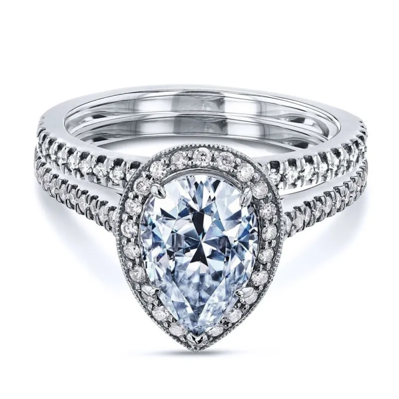 Annello by Kobelli 14k Gold 2 3/5ct TGW Pear Moissanite and Round Diamond Halo Bridal Rings Set sold by Zulily