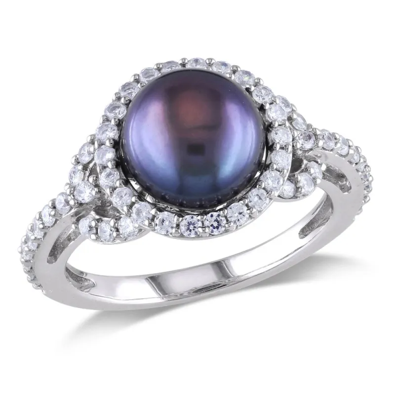 Miadora Sterling Silver Cultured Black Pearl and Cubic Zirconia Ring (8.5-9 mm) sold by Zulily