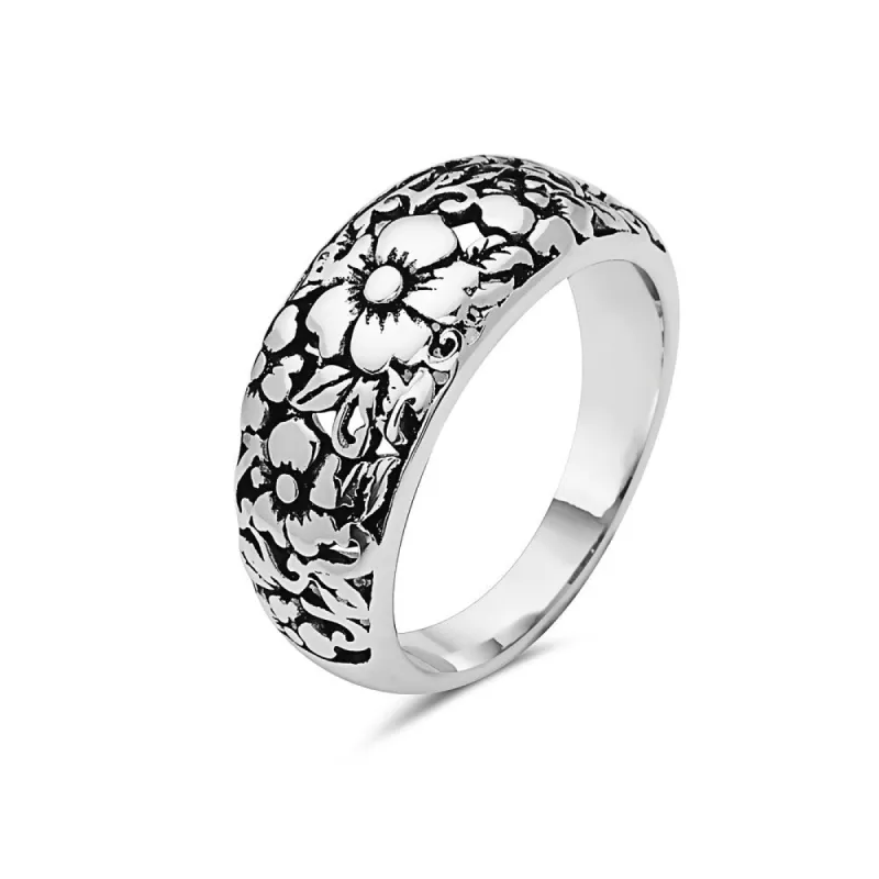 Vera & Co. Sterling Silver Relief Flowers Oxidized Band Ring sold by Zulily