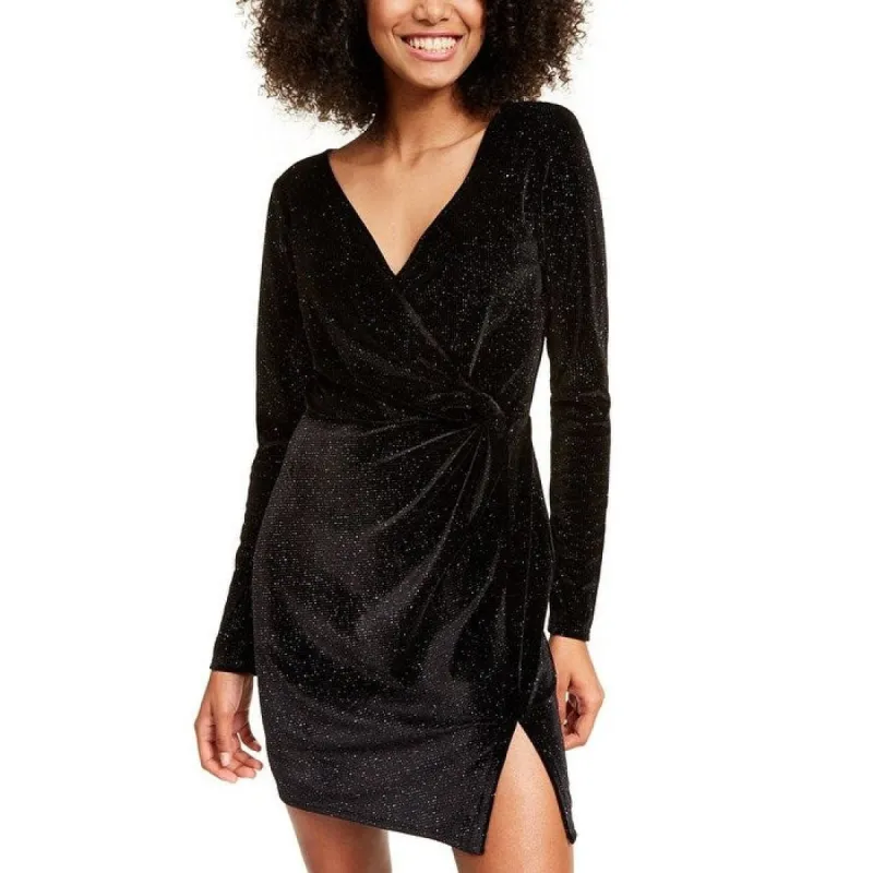 Trixxi Women's Glitter Long Sleeve V Neck Short Sheath Party Dress Black Size XX-Small sold by Zulily