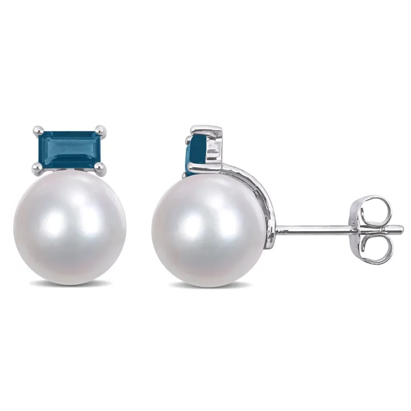 Miadora 10k White Gold Cultured FW Pearl and Baguette-cut London-Blue Topaz Stud Earrings (9-9.5mm) - 12.5 mm x 9.1 mm x 9.9 mm sold by Zulily