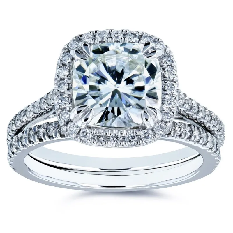 Annello by Kobelli 14k White Gold 2 2/5ct TGW Cushion Forever One Moissanite and Diamond Halo Bridal Rings Set (DEF/VS, GH/I) sold by Zulily