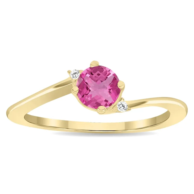 Women's Round Shaped Pink Topaz and Diamond Wave Ring in 10K Yellow Gold sold by Zulily