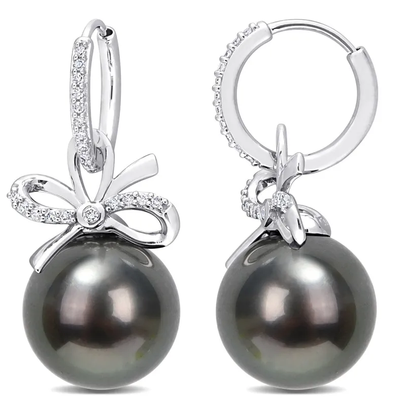 Miadora 12-12.5mm Black Tahitian Cultured Pearl and 1/4 CT TW Diamond Bow Huggie Earrings in 14k White Gold sold by Zulily