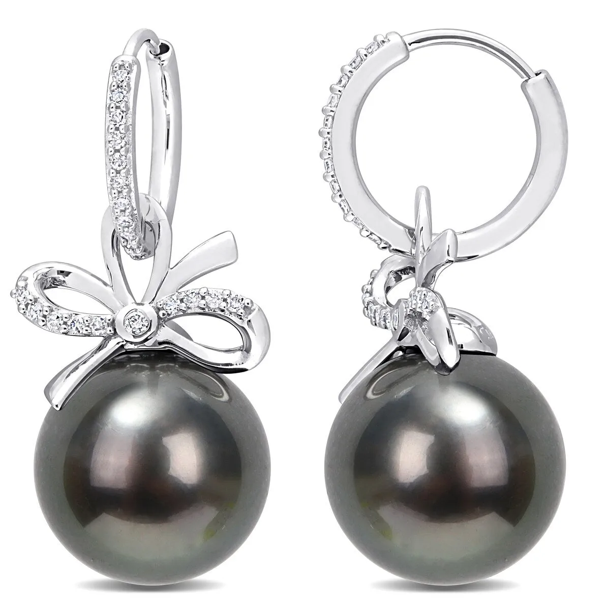 Miadora 12-12.5mm Black Tahitian Cultured Pearl and 1/4 CT TW Diamond Bow Huggie Earrings in 14k White Gold sold by Zulily