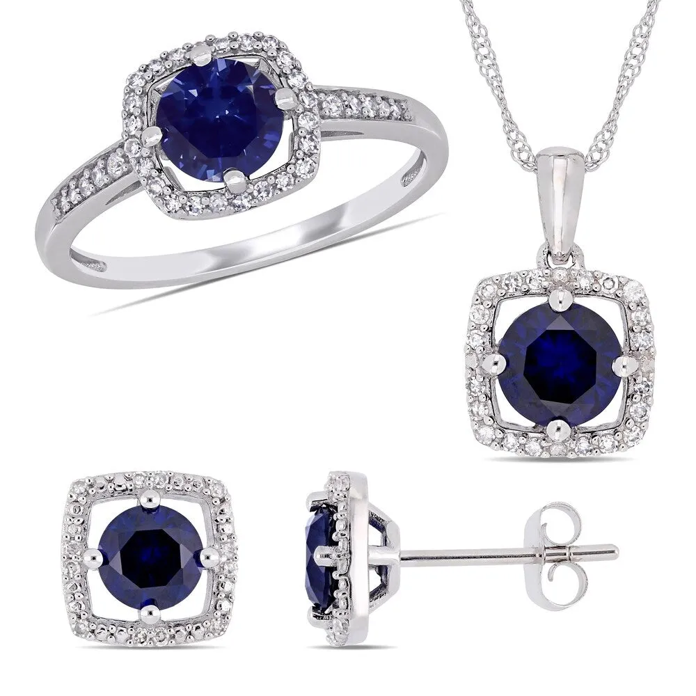 Miadora 10k White Gold Created Blue Sapphire and 1/3ct TDW Diamond Floating Halo Jewelry Set sold by Zulily