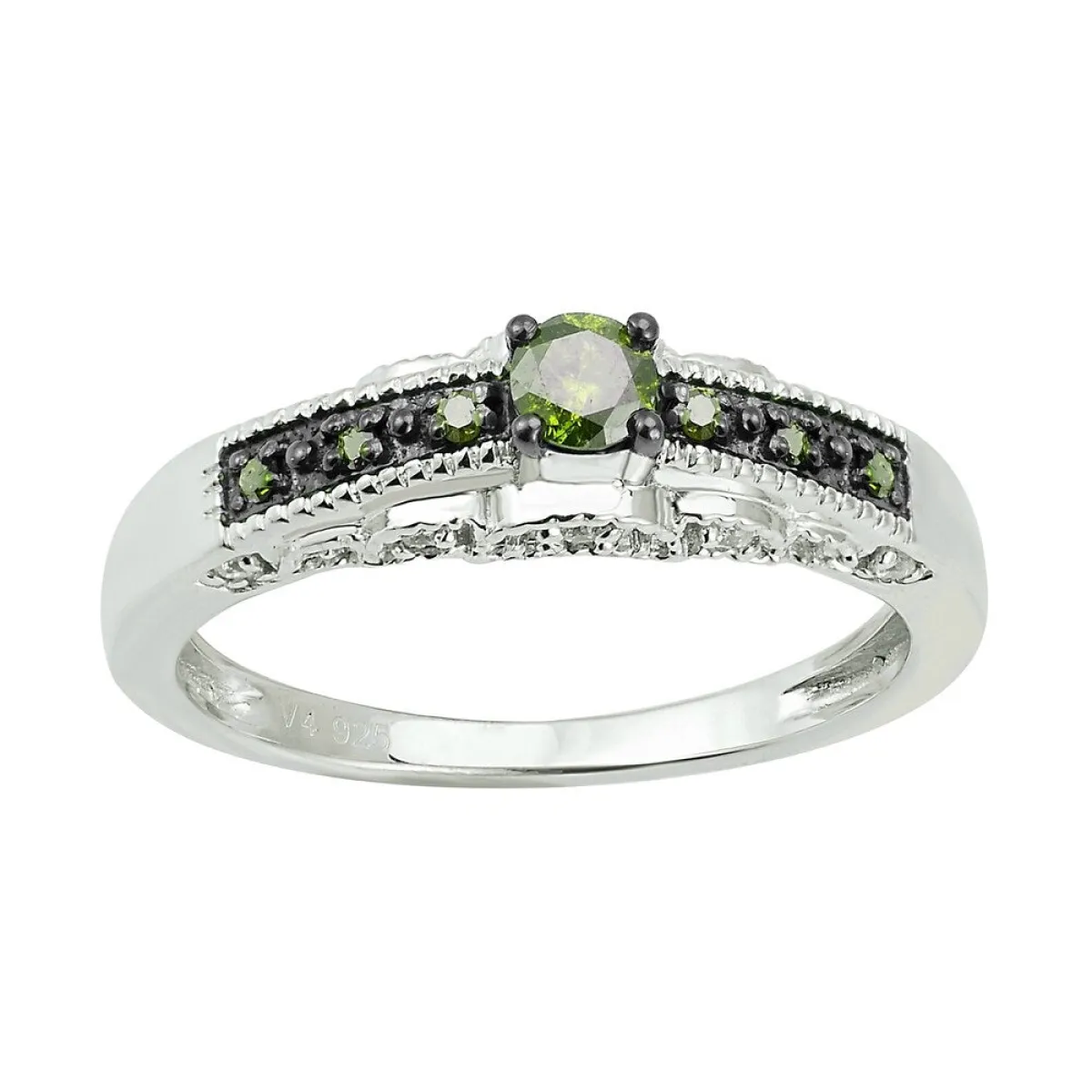 Sterling Silver with Genuine Green and White Diamond Ring | Parallel