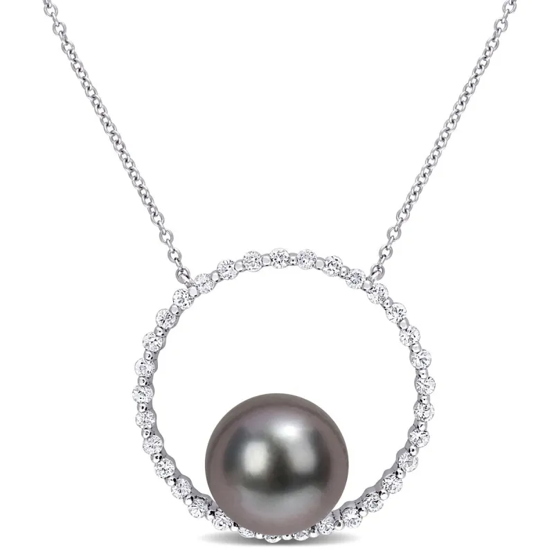 Miadora Tahitian Cultured Pearl & White Sapphire Circle of Life Necklace in 10k White Gold (9.5-10mm) sold by Zulily