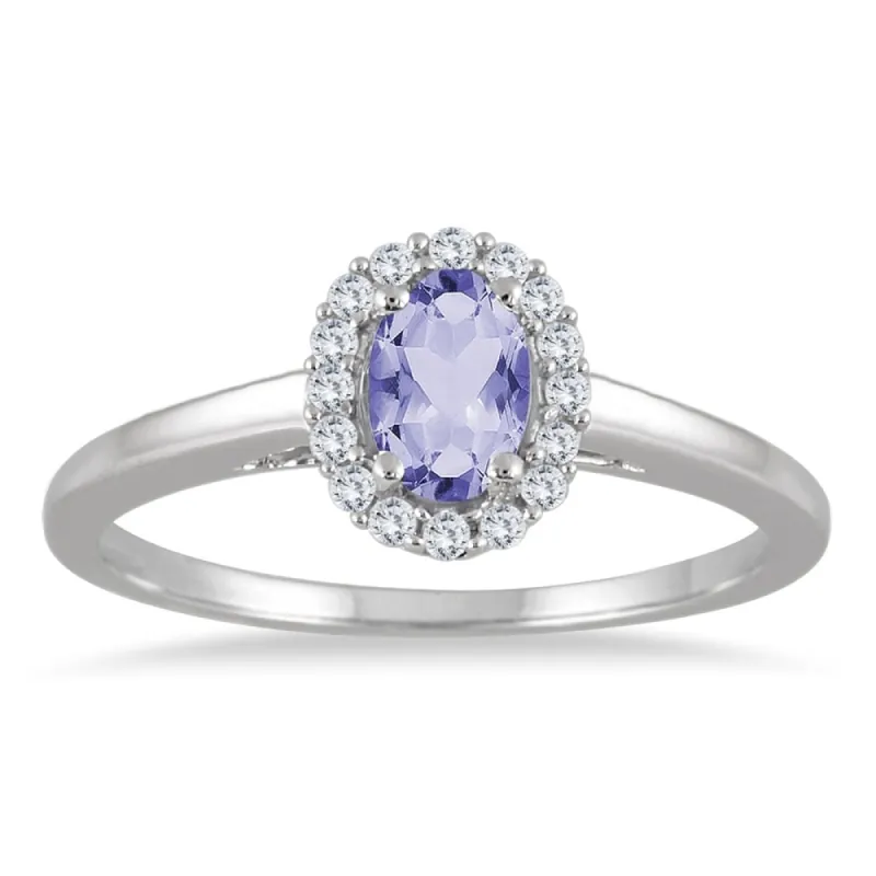 6x4MM Oval Tanzanite and Diamond Halo Ring in 10K White Gold sold by Zulily