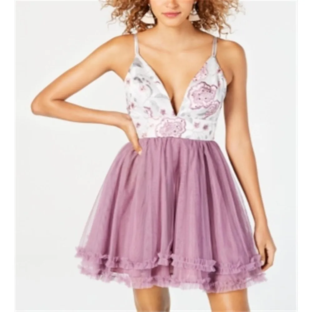 Dear Moon Women's Embroidered Floral Spaghetti Strap V Neck Mini Fit Flare Party Dress Purple Size 3 sold by Zulily