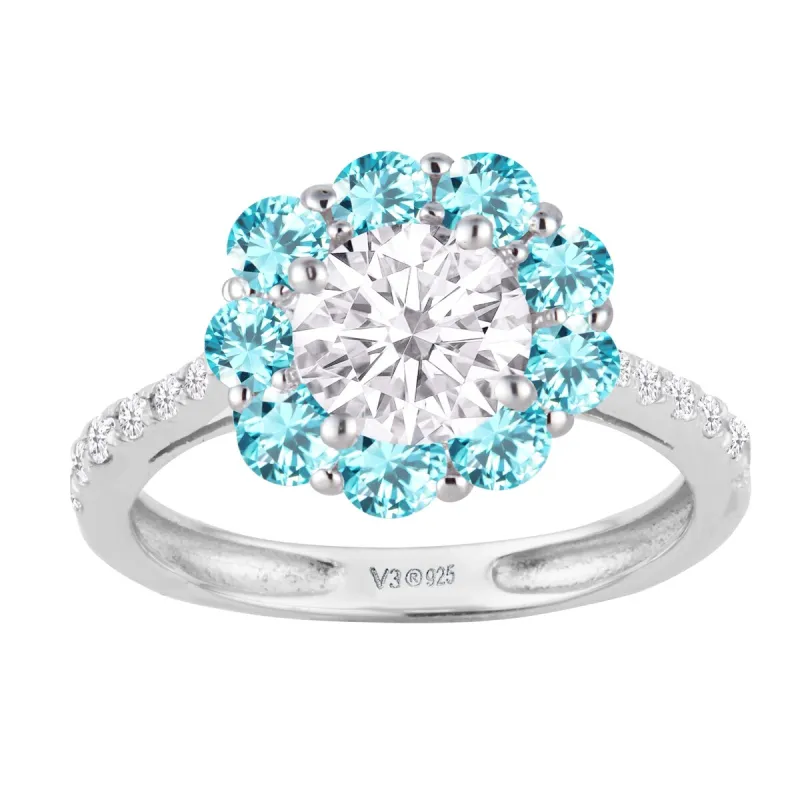Sterling Silver Moissanite, Blue Zircon and White Diamond Halo Ring sold by Zulily