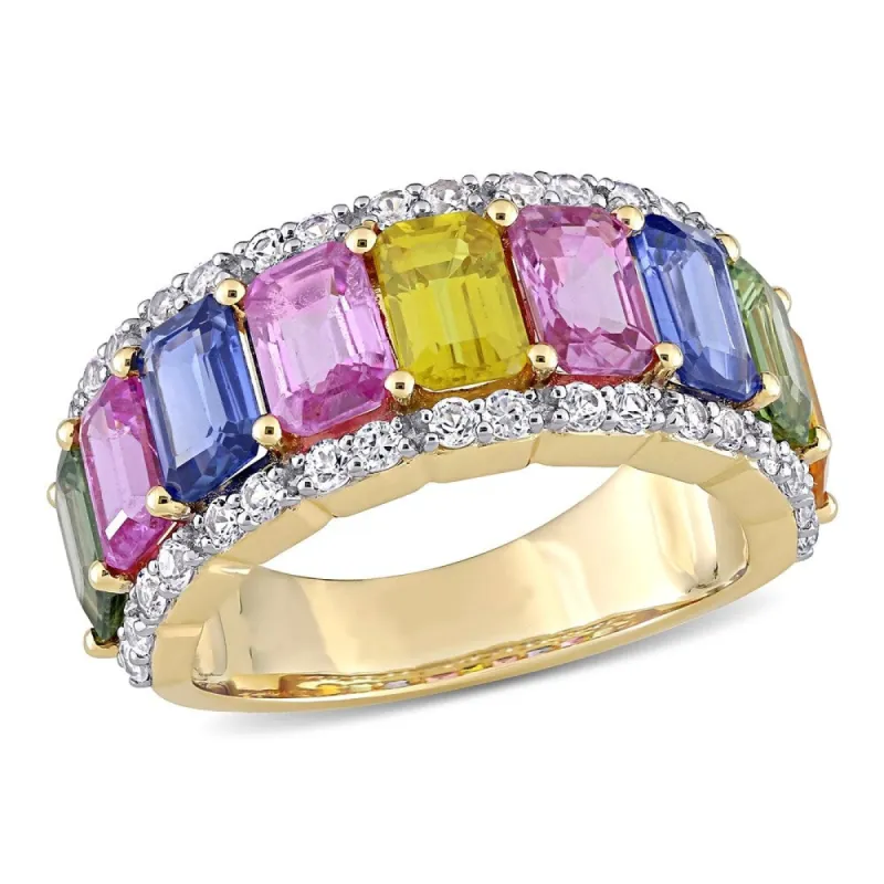 Miadora 14k Yellow Gold Octagon-Cut Multi-Color Sapphire Semi-Eternity 3-Row Anniversary Band sold by Zulily