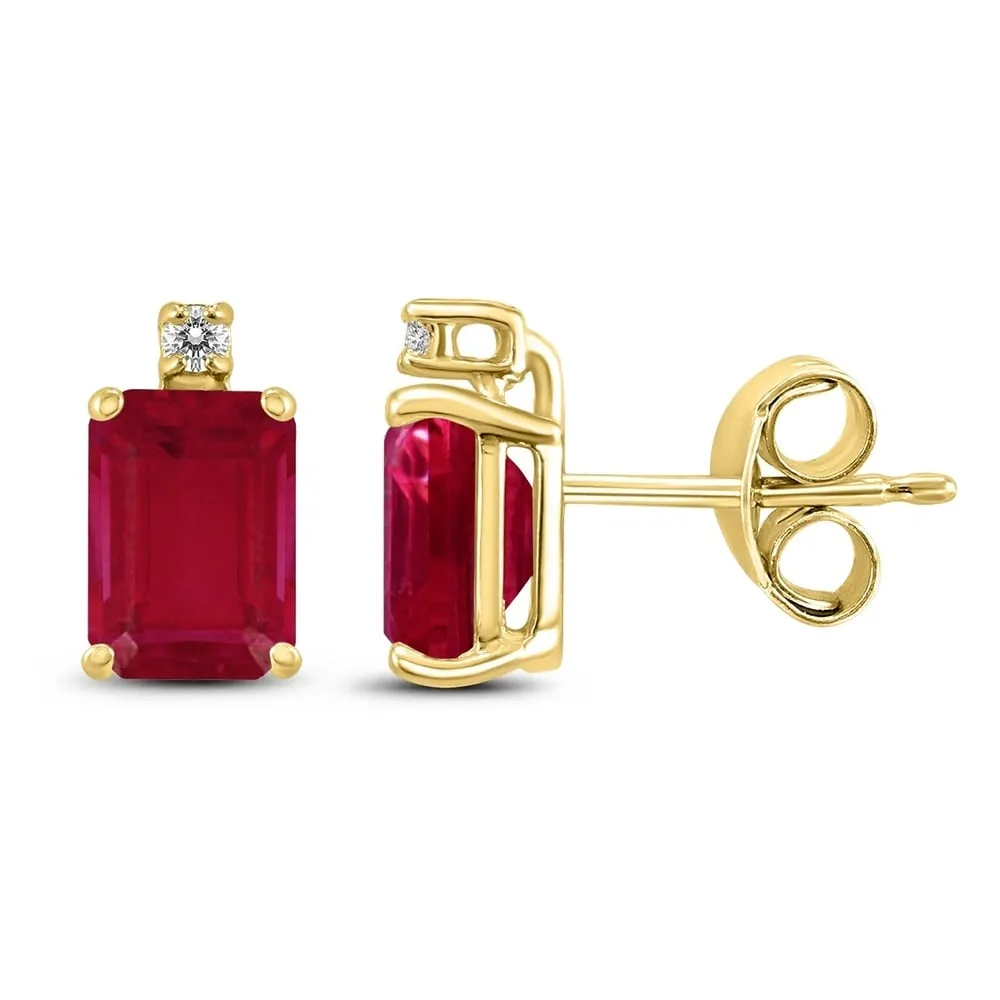 14K Yellow Gold 6x4MM Emerald Shaped Ruby and Diamond Earrings sold by Zulily