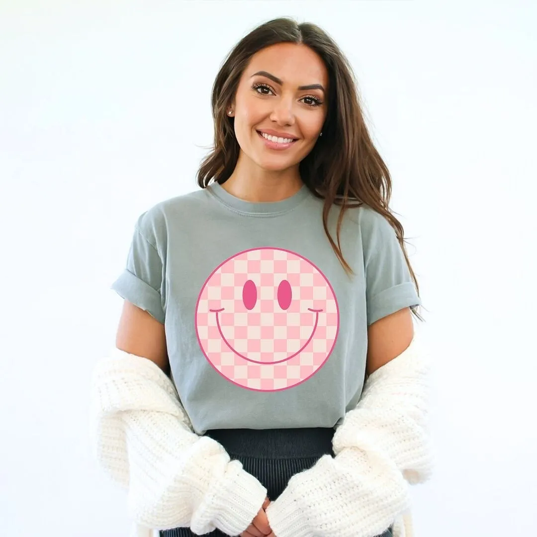 Pink Checker Smiley Face Garment Dyed Tee sold by Zulily product image thumbnail 2