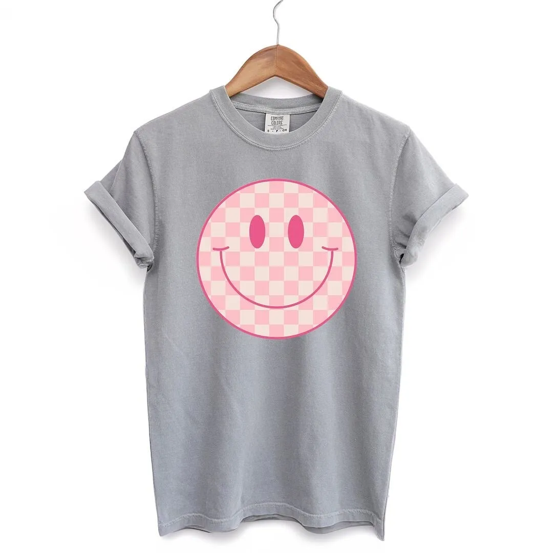 Pink Checker Smiley Face Garment Dyed Tee sold by Zulily