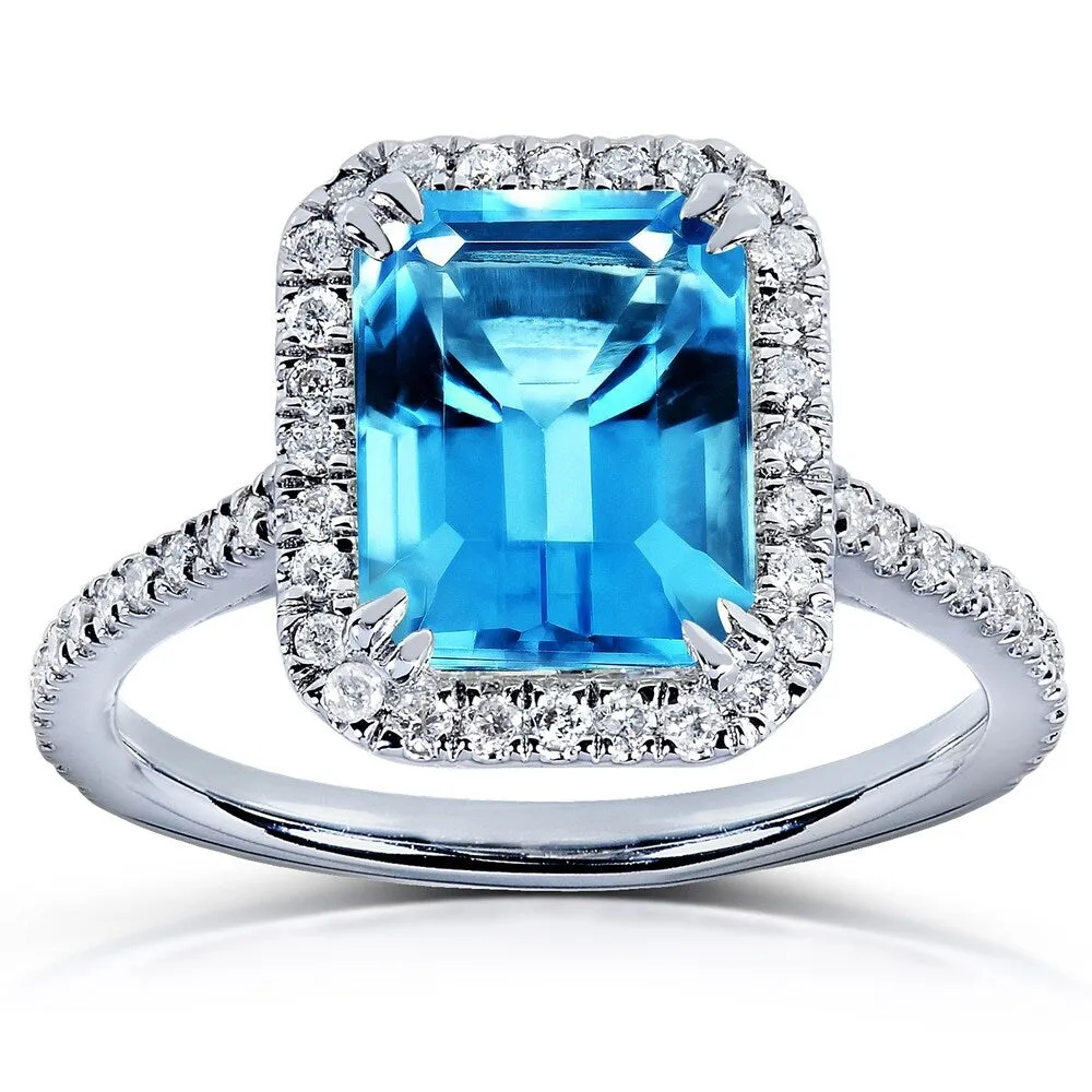 Annello by Kobelli 14k White Gold 3ct TGW Emerald Cut Swiss Blue Topaz and Diamond Halo Gemstone Ring sold by Zulily