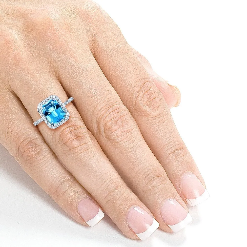 Annello by Kobelli 14k White Gold 3ct TGW Emerald Cut Swiss Blue Topaz and Diamond Halo Gemstone Ring sold by Zulily product image thumbnail 4